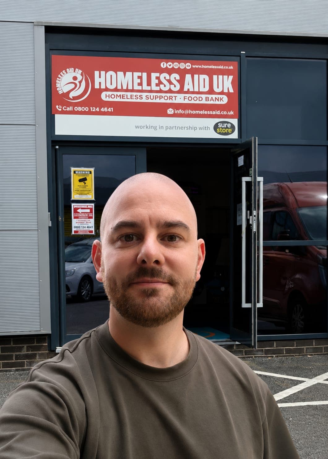 Ben Ahern outside the Homeless Aid UK CIC premises